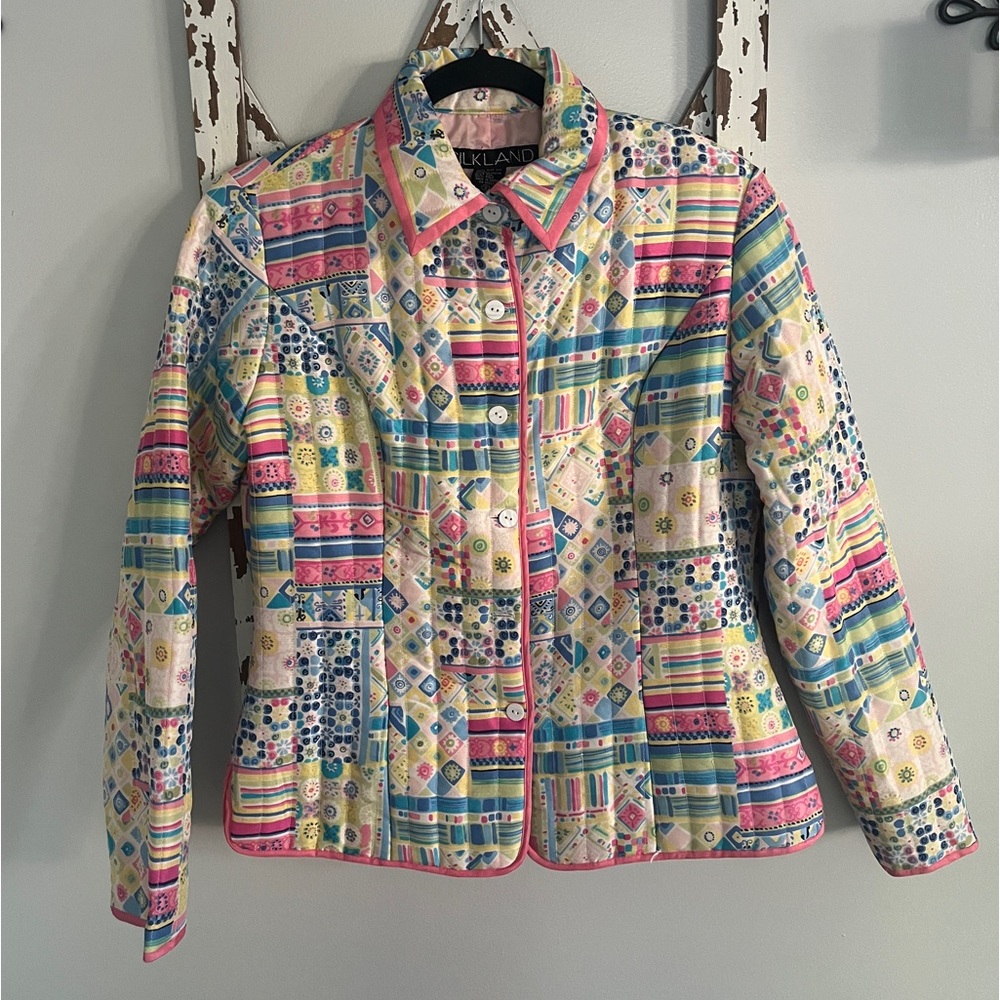 Silkland Womens‎ Jacket Size S Small Pure Silk Multicolor Patchwork Geometric